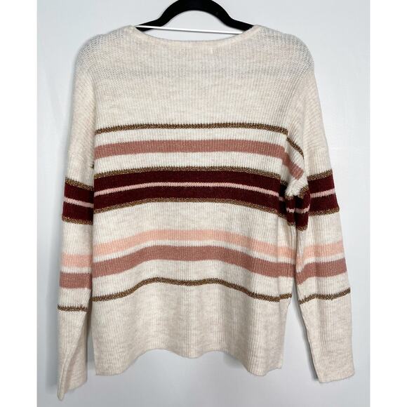 New Skies Are Blue Small S Cream Red Pink Cozy Striped Sweater Round Neck - Picture 2 of 11